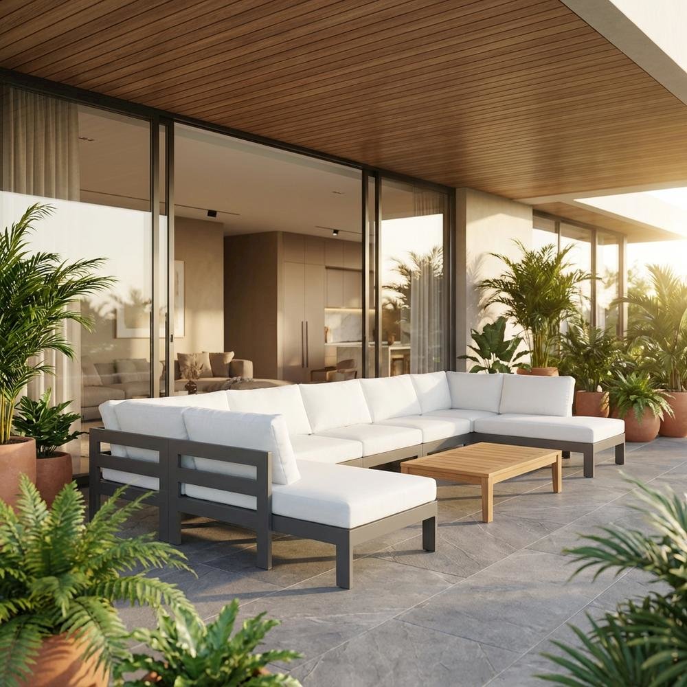 White Fabric Outdoor Modular Sectional, Contemporary Style, Cushioned Seat