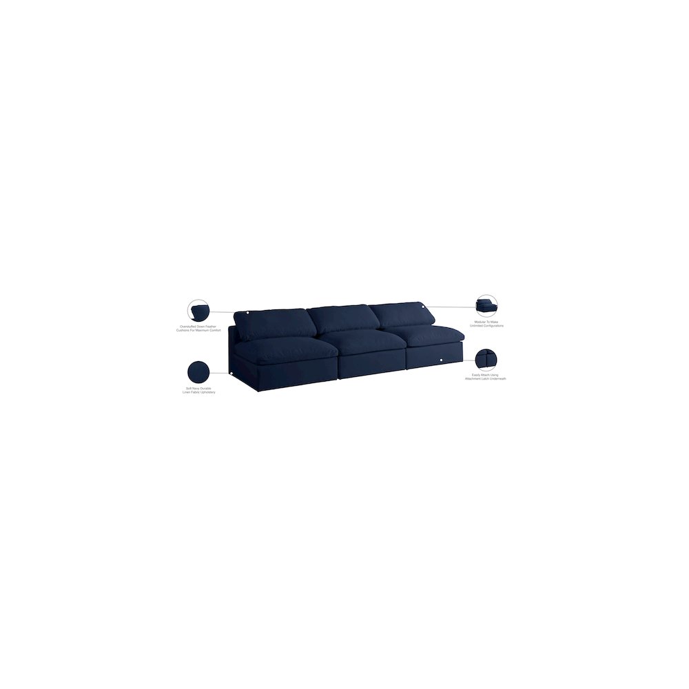 Serene Navy Linen Textured Fabric Deluxe Comfort Modular Armless Sofa