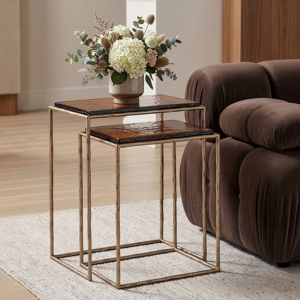 Calida Brass Recycled Glass Top And Iron Base Nesting End Table