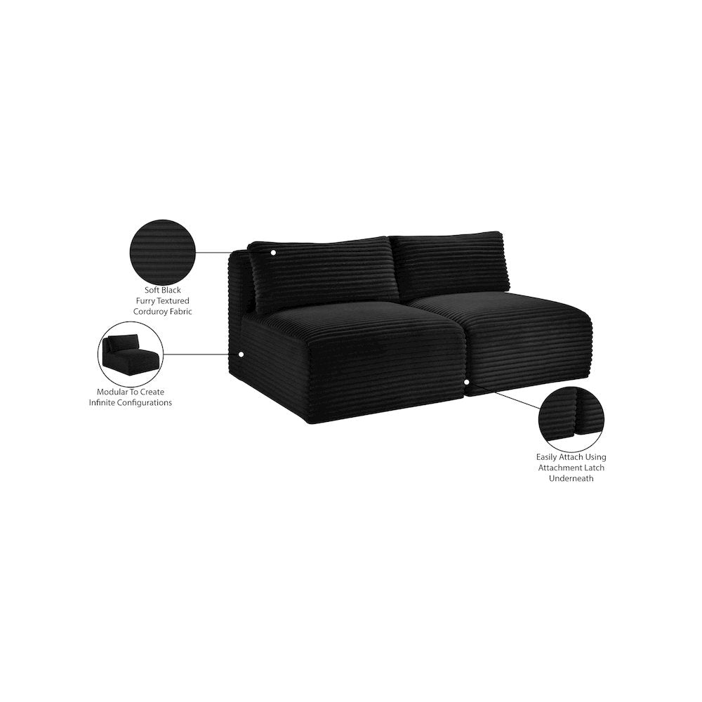 Shaggy Black Corduroy Performance Fabric Modular Sofa