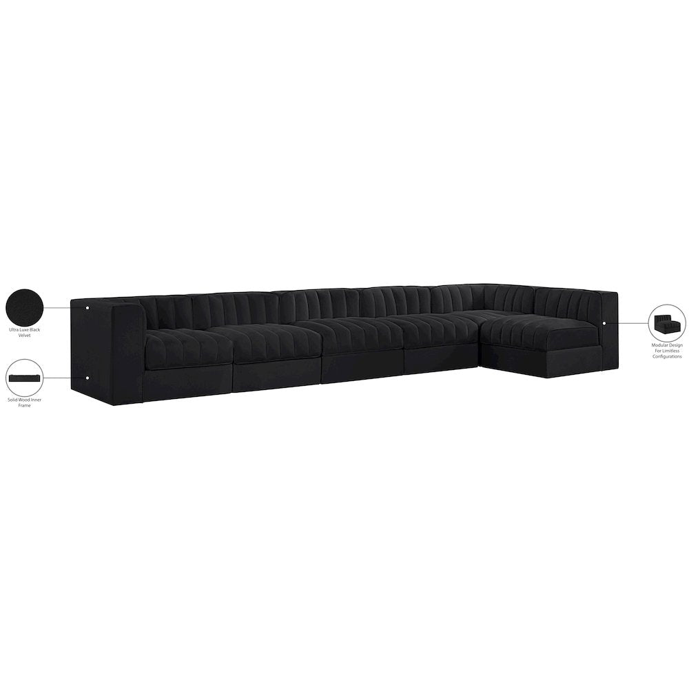 Rummi Black Velvet Performance Fabric Upholstered 6pc. Modular Sectional