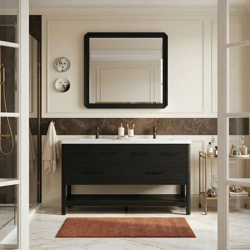 Oakwell 60" Black Engineered Stone And Solid Wood Bathroom Vanity