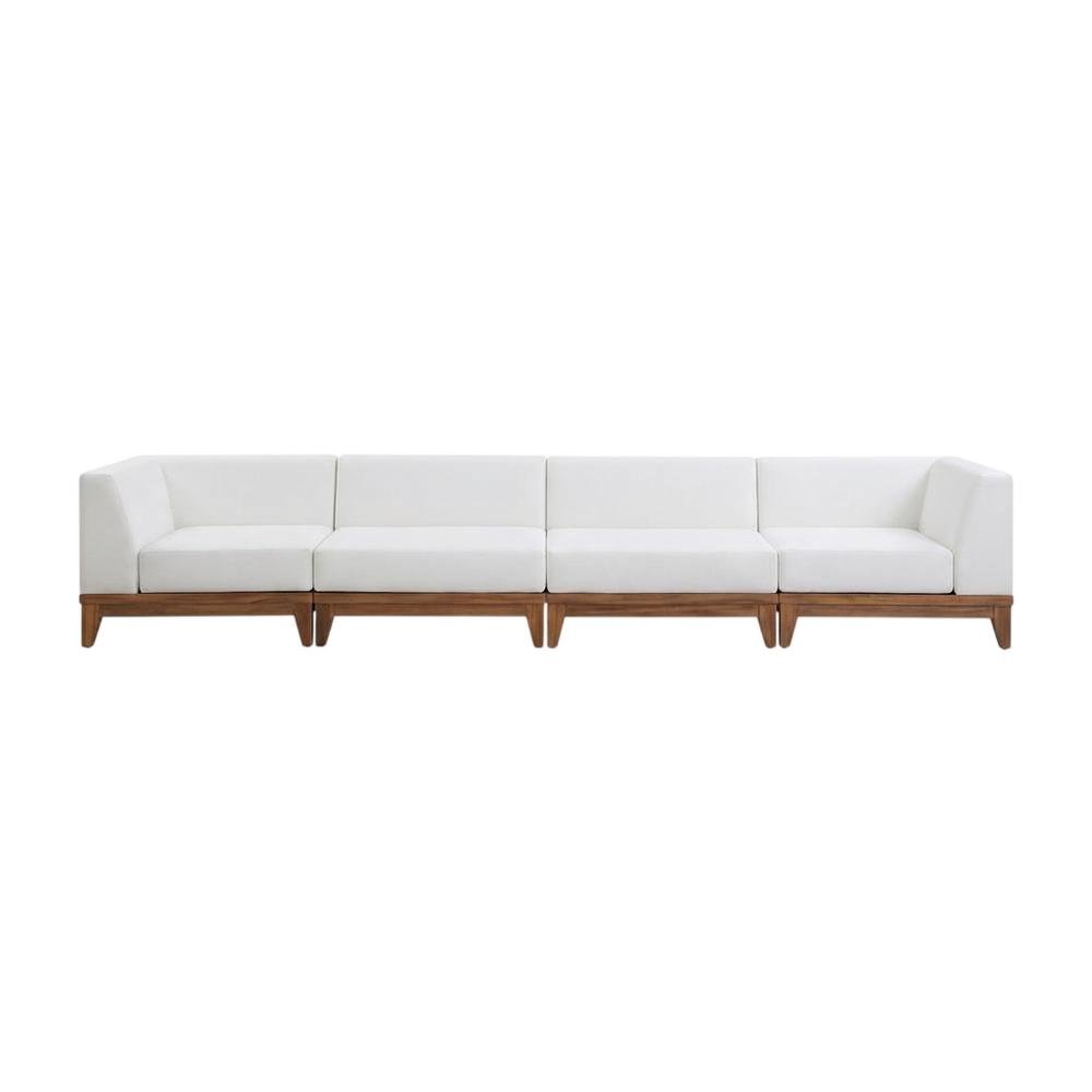 White Fabric Outdoor Patio Modular Sectional, Acacia Wood Finish, Contemporary