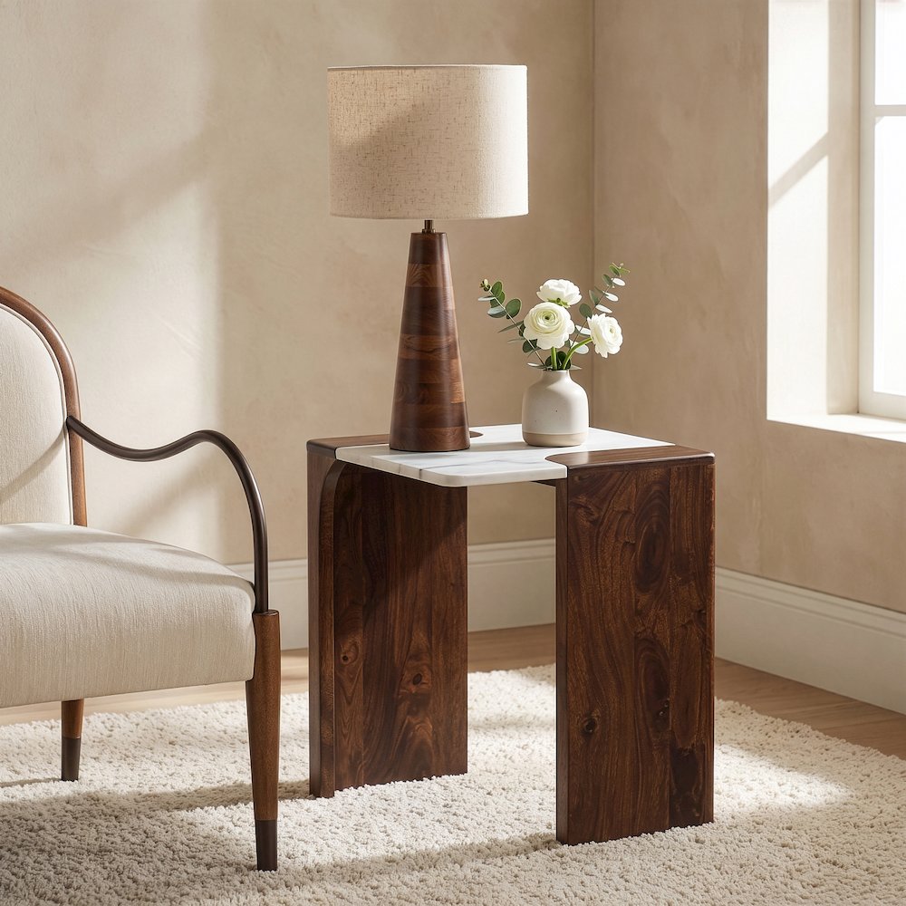 Enna White Genuine Marble And Mango Wood End / Side Table
