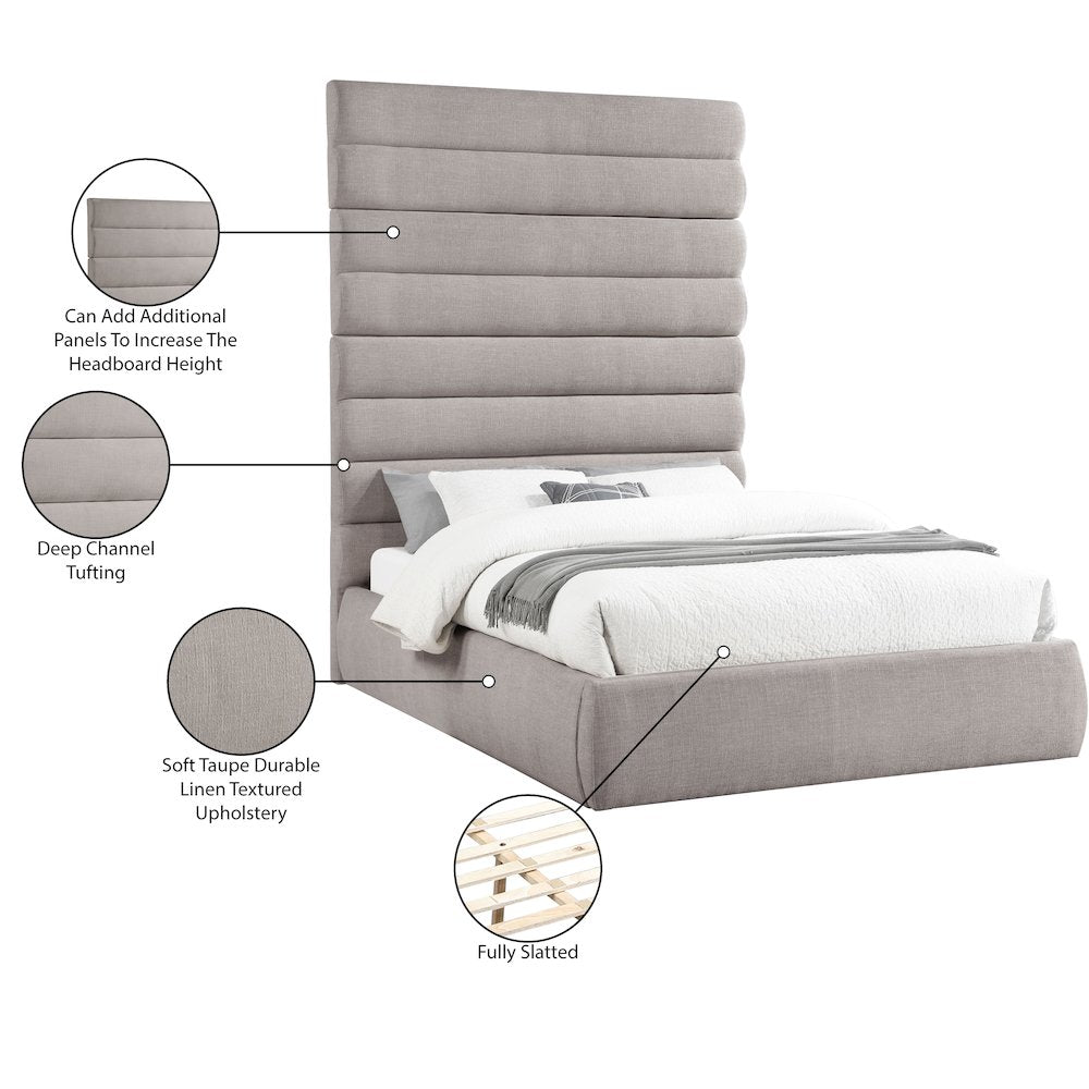 Adam Taupe Linen Textured Fabric Queen Bed