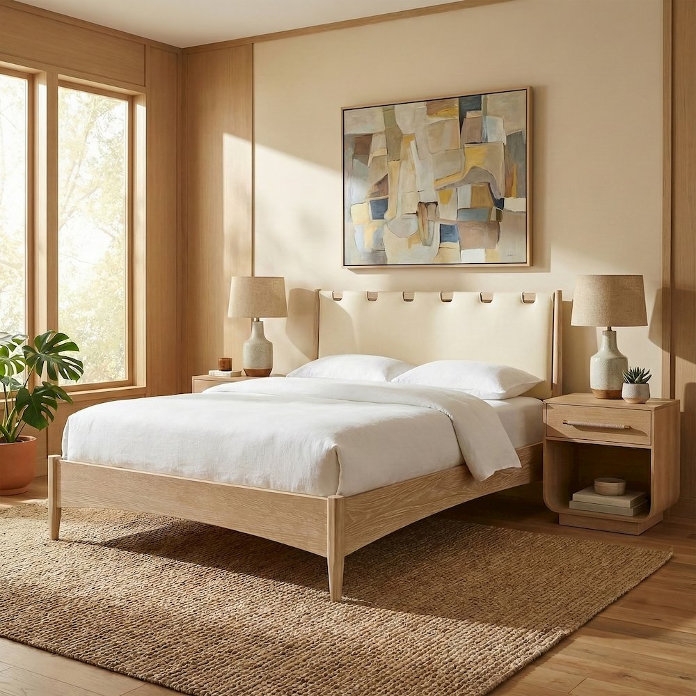 Santos Cream Vegan Leather Headboard And Wood Queen Bed