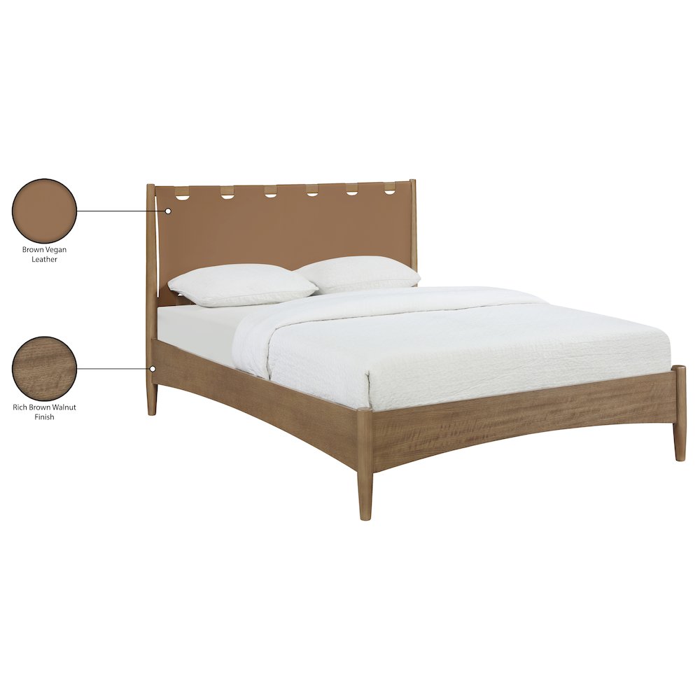 Santos Brown Vegan Leather Headboard And Wood Queen Bed