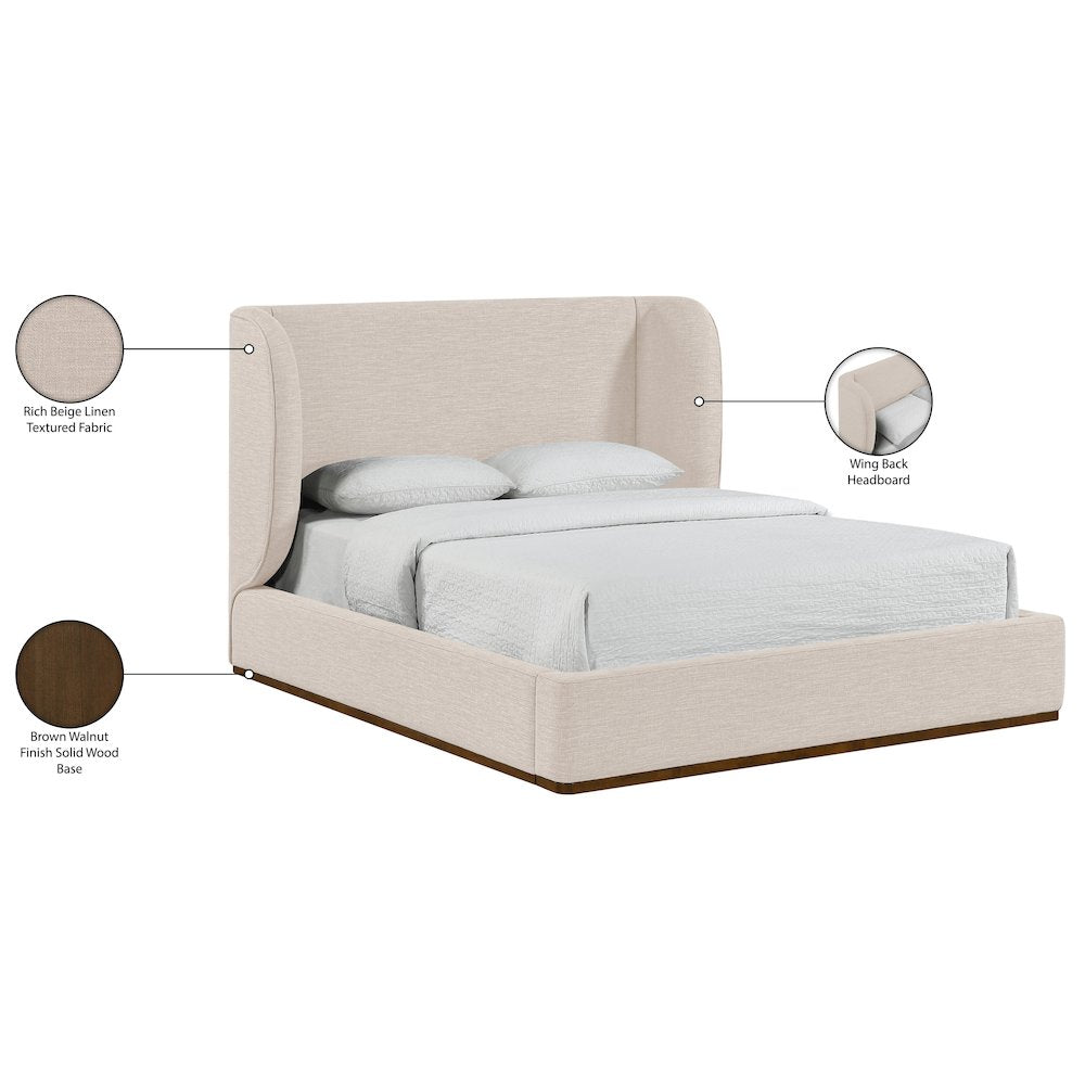 Aurin Beige Linen Textured Fabric Upholstered Full Bed