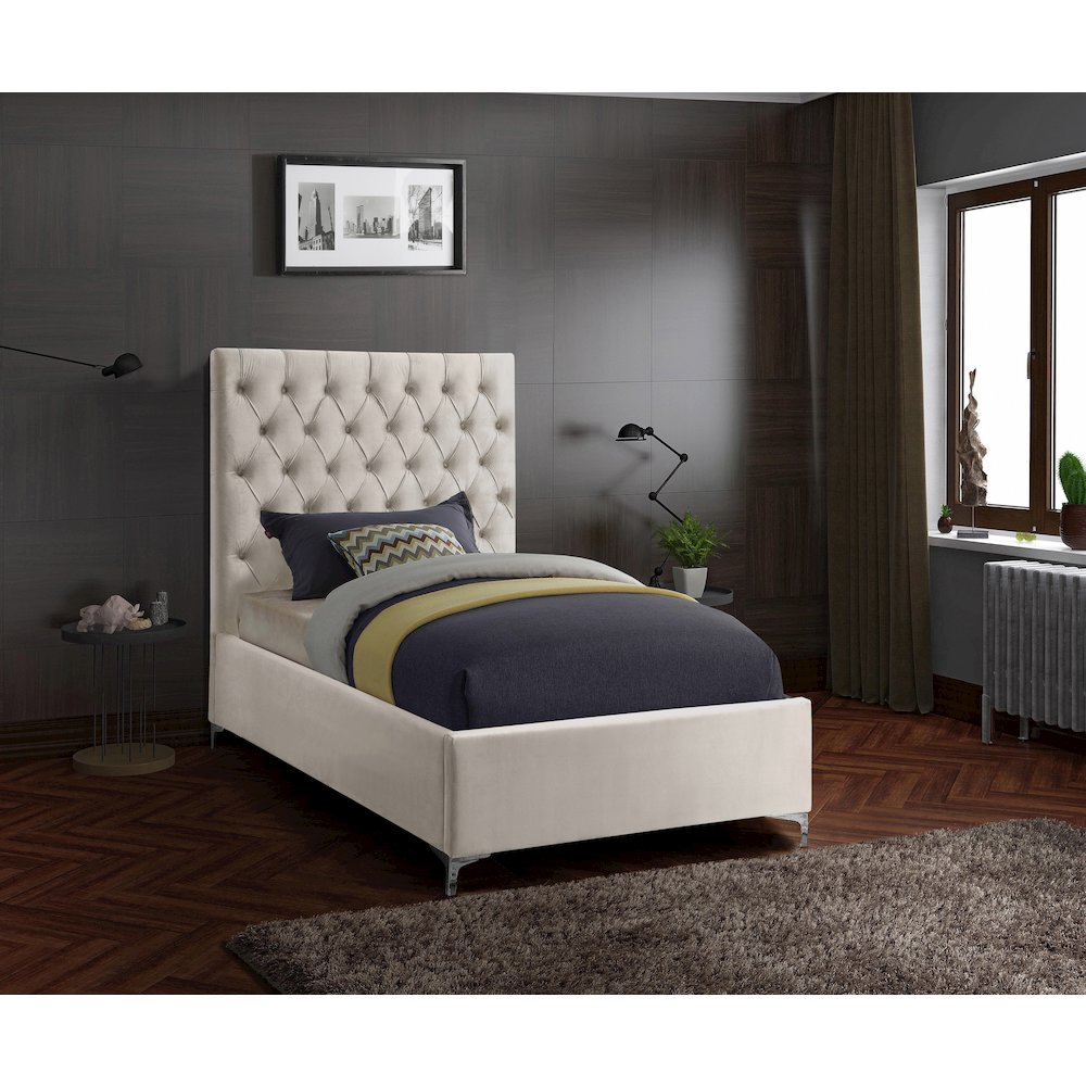 Cruz Cream Velvet Twin Bed