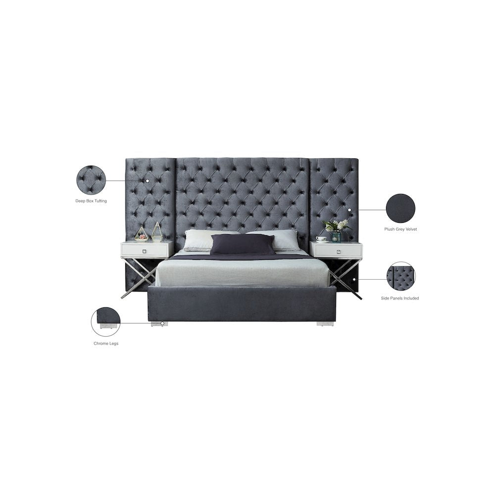 Grande Grey Velvet Queen Bed