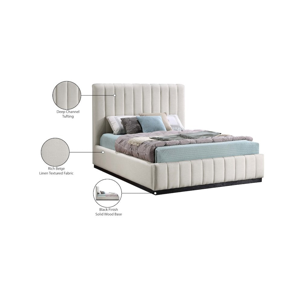 Lucia Beige Linen Textured Fabric Queen Bed