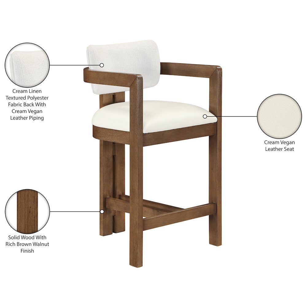 Ravina Cream Vegan Leather and Linen Textured Fabric Upholstered Counter Stool
