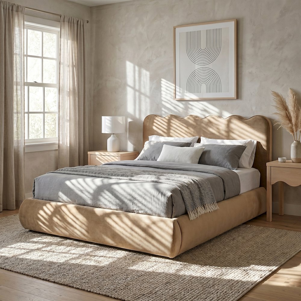 Tempo Beige Velvet Upholstered Queen Bed