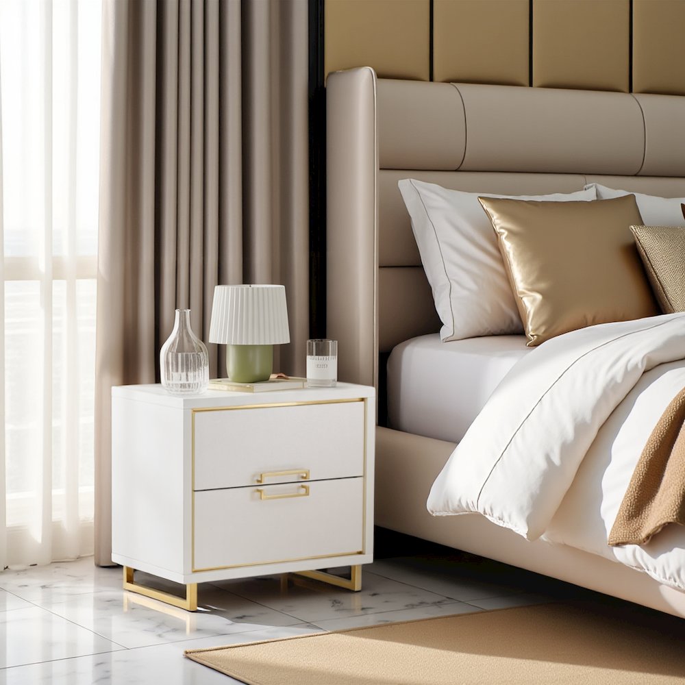 White Bedside Table – Gold and White 2 Drawer Nightstand for Bedroom