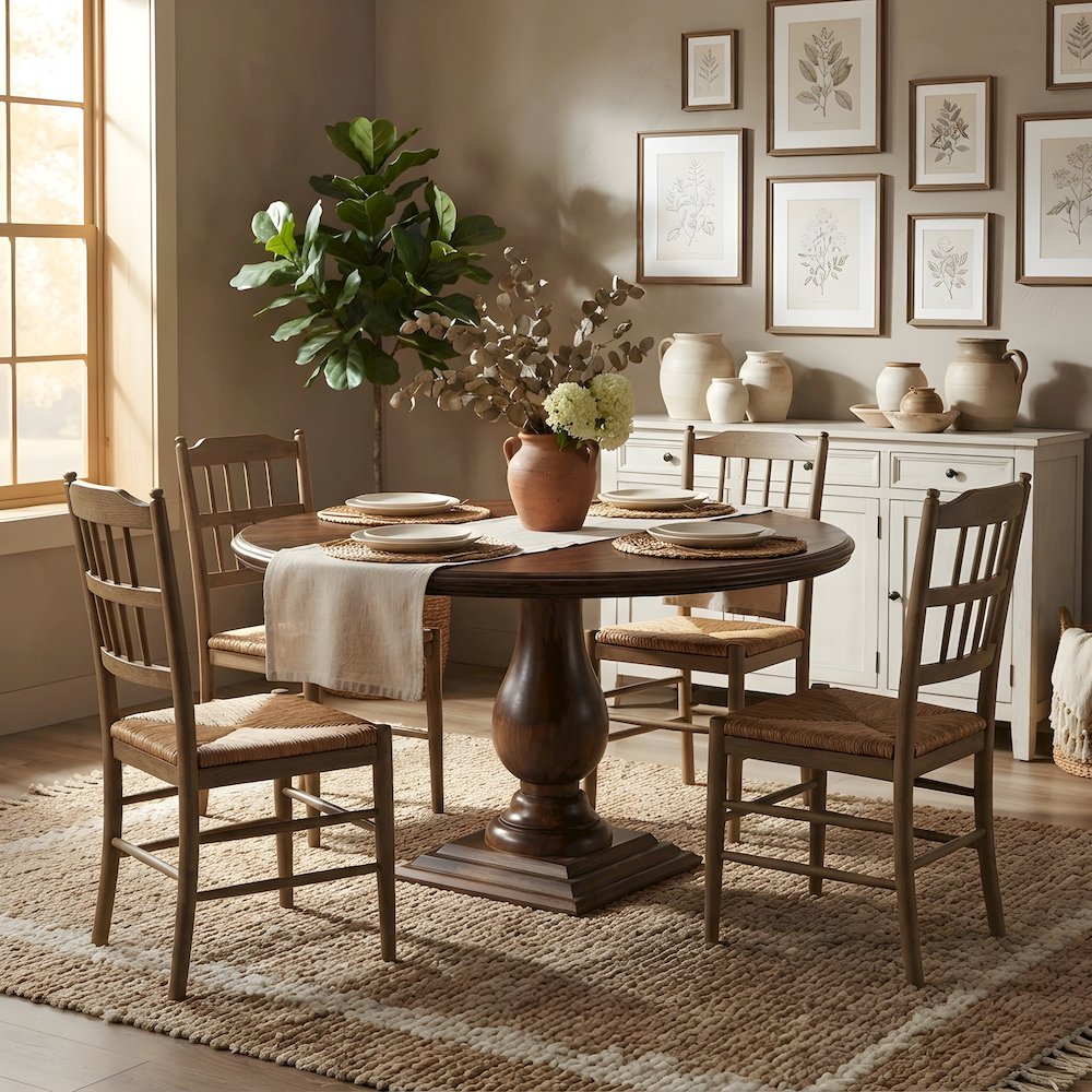 Solid Mango Wood Round Pedestal Dining Table with Carved Base for Dining Room