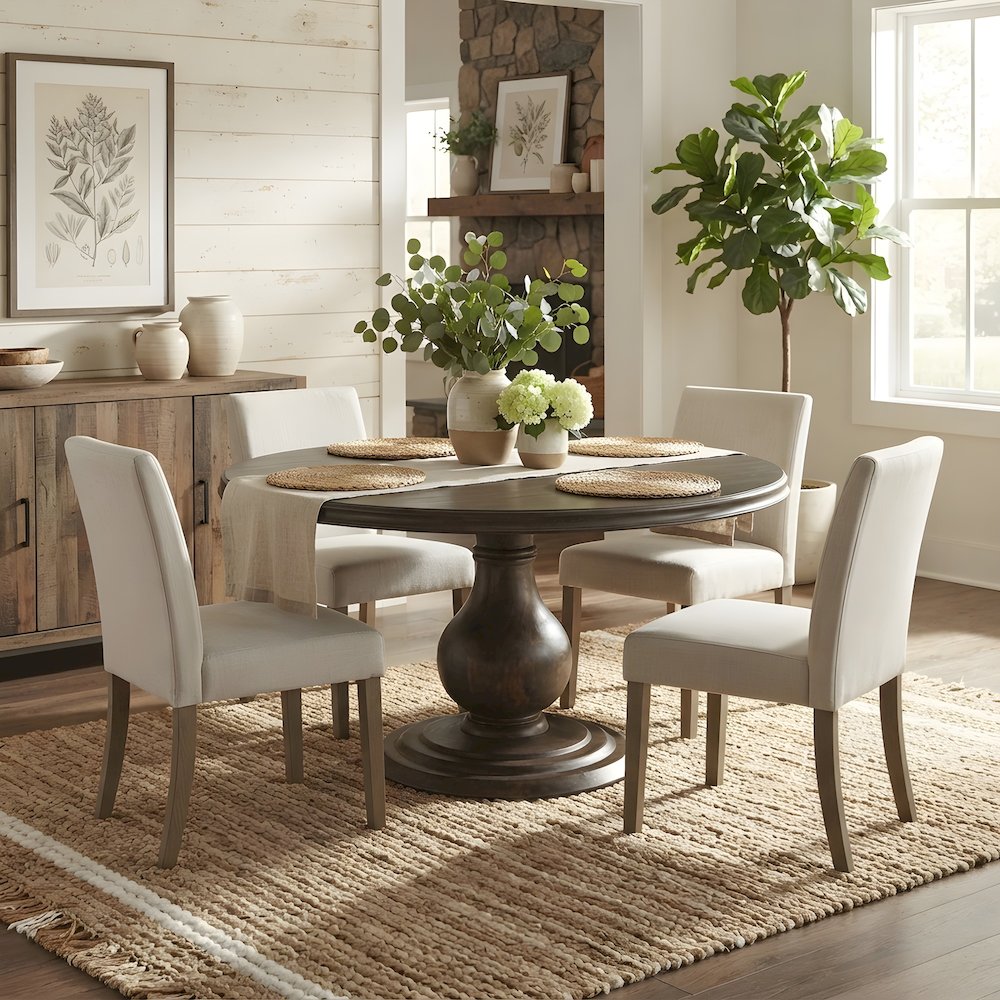 Round Solid Mango Wood Dining Table with Carved Pedestal Base, Seats Six