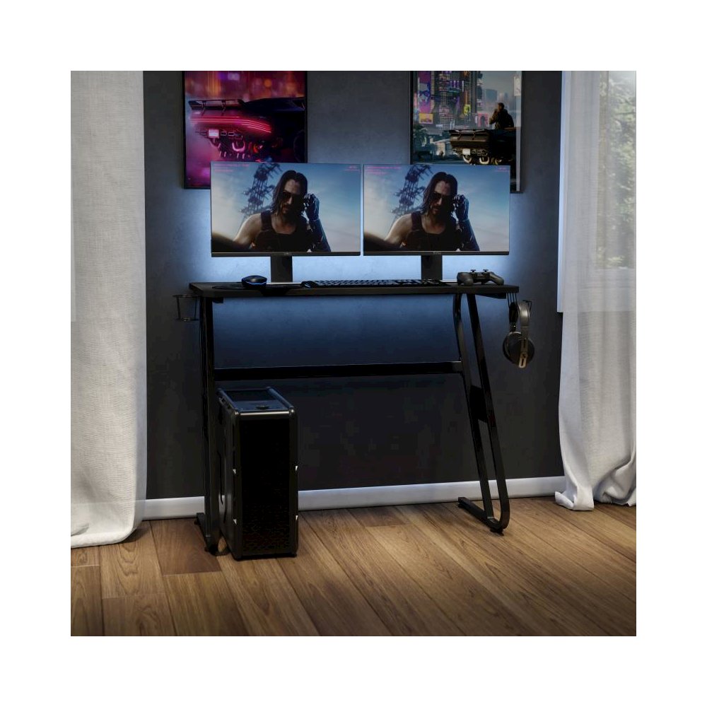 Black Gaming Ergonomic Desk with Cup Holder and Headphone Hook