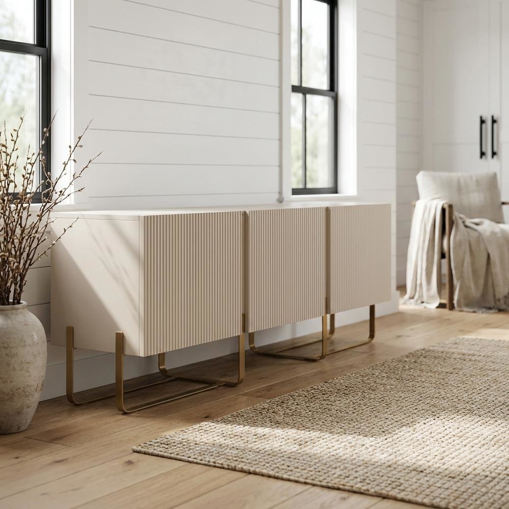 Beige Modern Wood TV Stand with 3 Cabinets for Living Room Storage