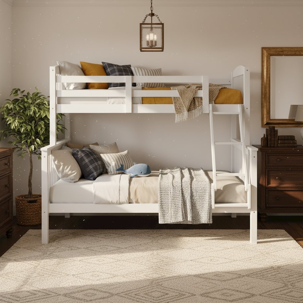 White Wooden Bunk Beds Twin Over Full Size with Ladder and Guard Rails