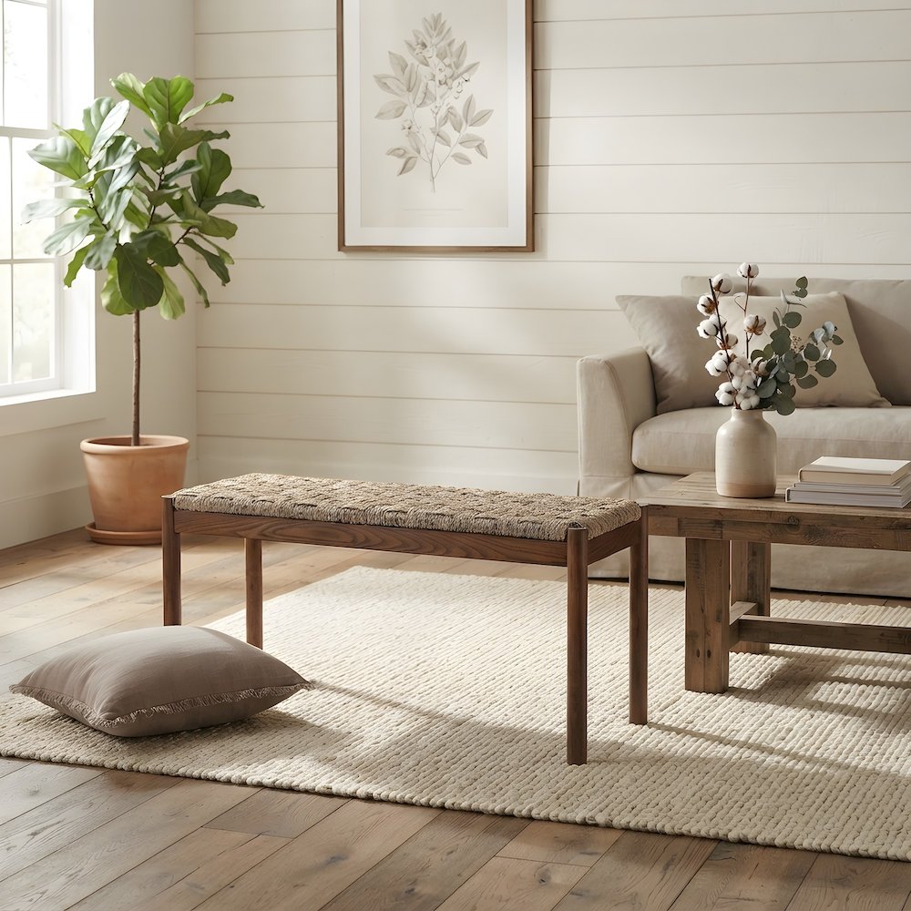 Seagrass-Woven Acacia Bench with Stained Wood Legs for Entryway or Dining