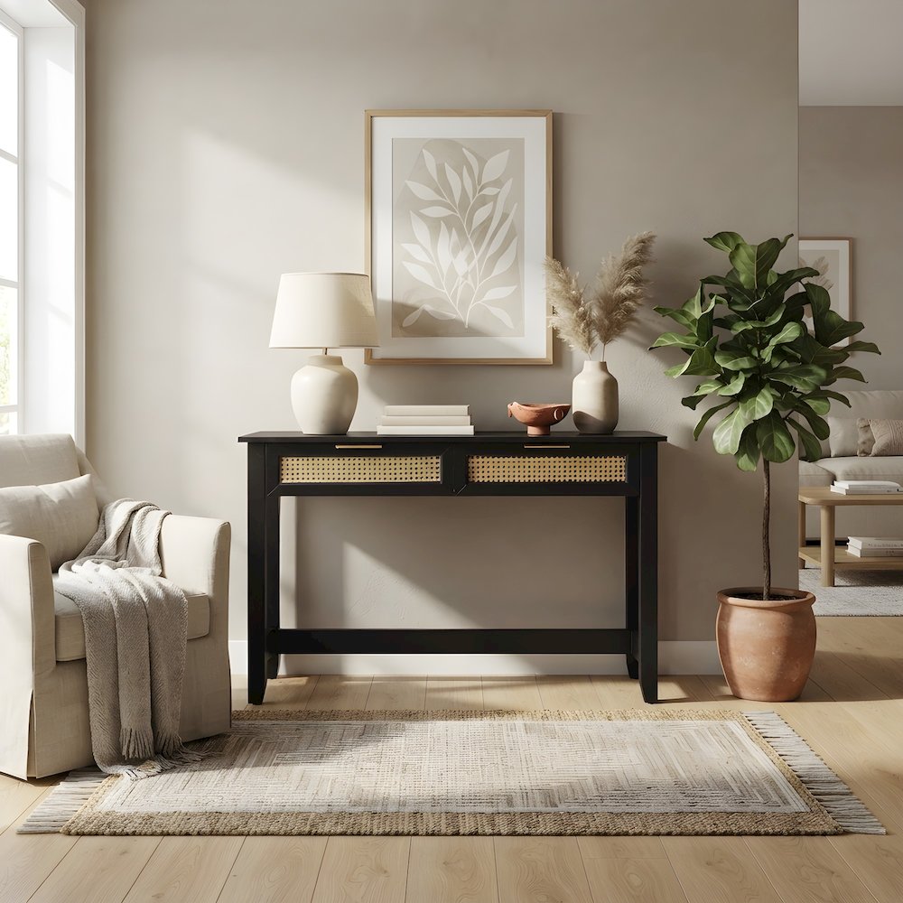 Wooden Console Table with Woven Rattan-Accent Drawers with Storage