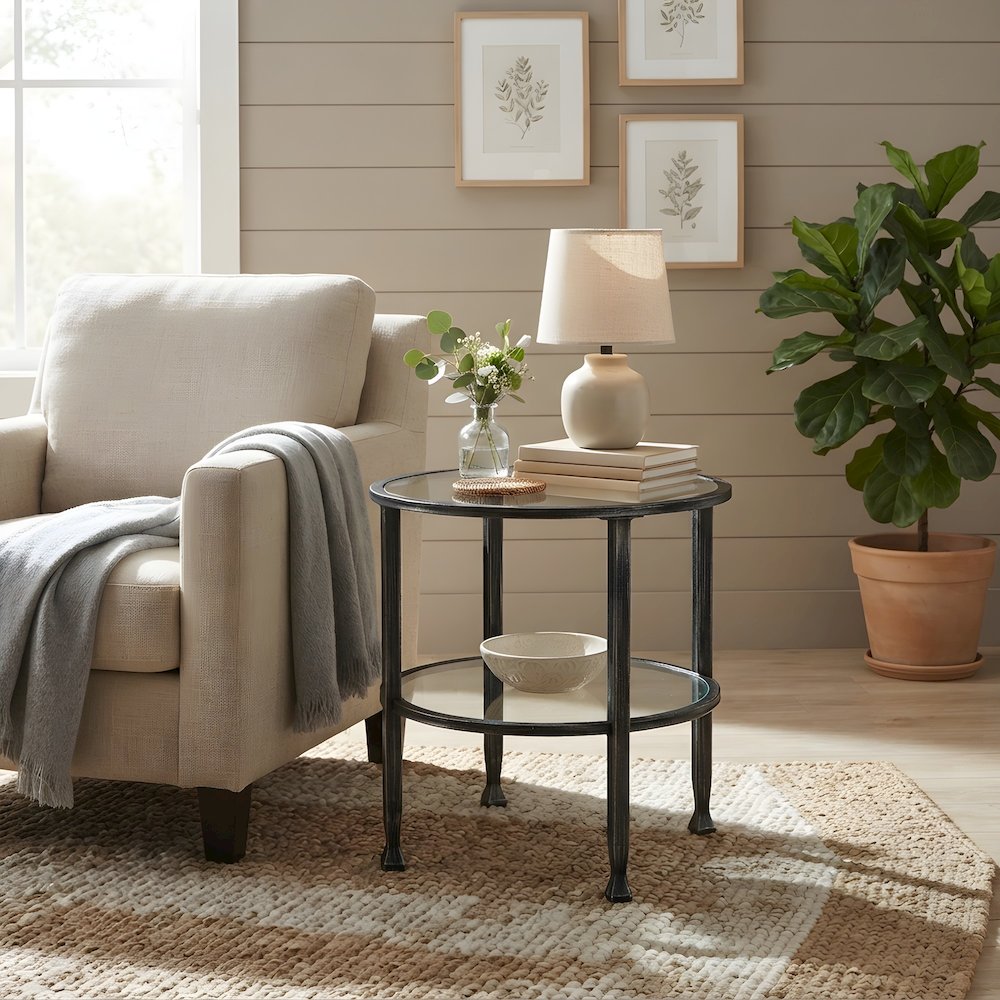 Glass and Iron Round Side Table with Lower Shelf, Hand-Painted Metal