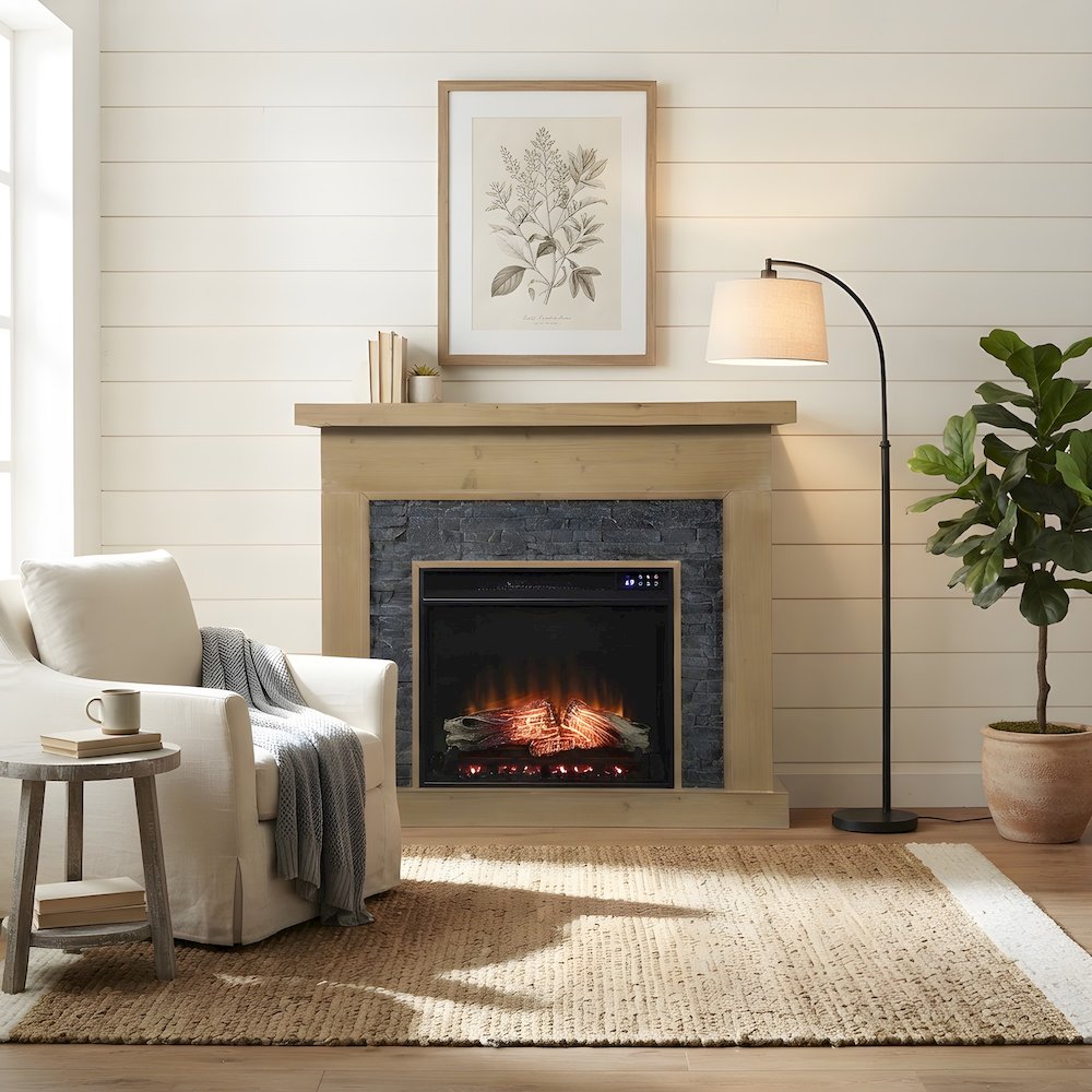 Fir Veneer Electric Fireplace with Faux Stone Surround and Touch Screen