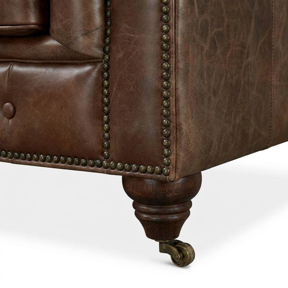 Leather Loveseat with Button-Tufted Chesterfield Design, Bark Brown