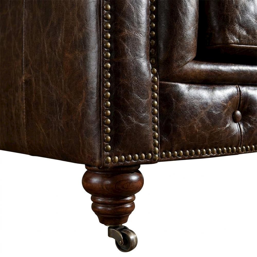 Leather-Tufted Chesterfield Sofa with Solid Wood Legs, Dark Brown