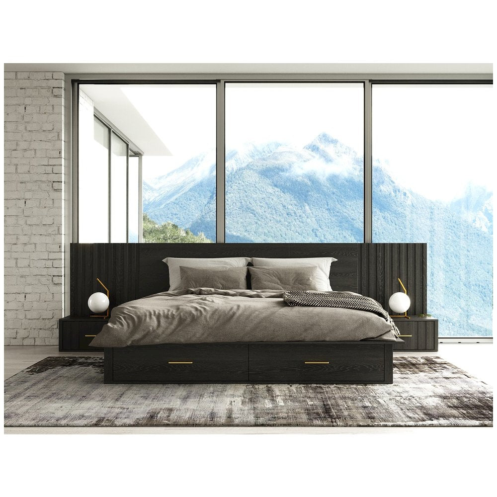 Eastern King Contemporary Dark Grey Platform Bed with Two Nightstands