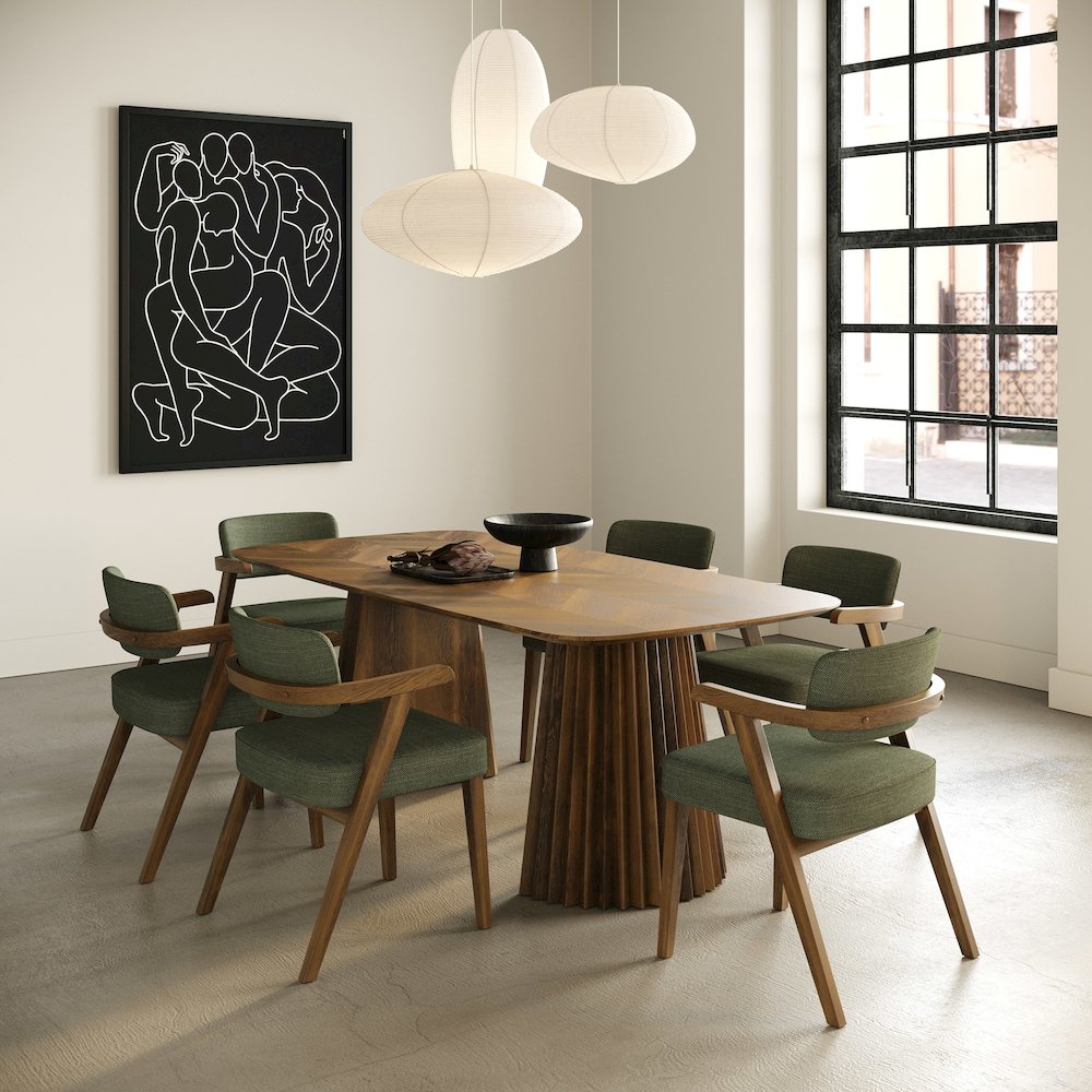 Sacks - Mid-Century Modern Green Fabric + Walnut Dining Chair