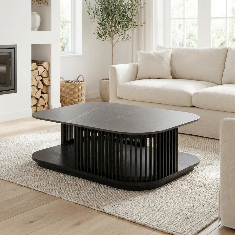 Black Ceramic and Wood Square Coffee Table with Solid Top and Sturdy Frame