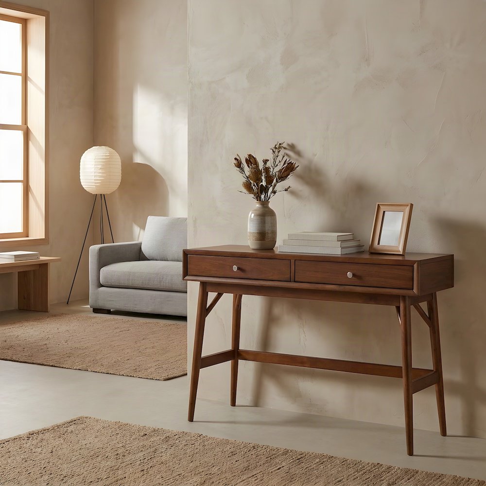 Rubberwood Console Sofa Table with Two Functional Drawers for Entryway, Brown