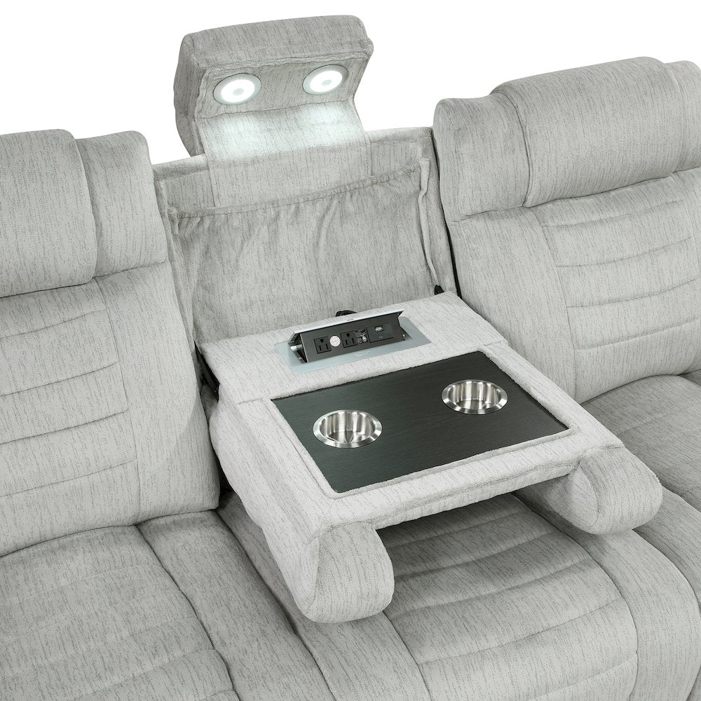 Ronan Microfiber Double Reclining Sofa with Storage Arms in Light Gray