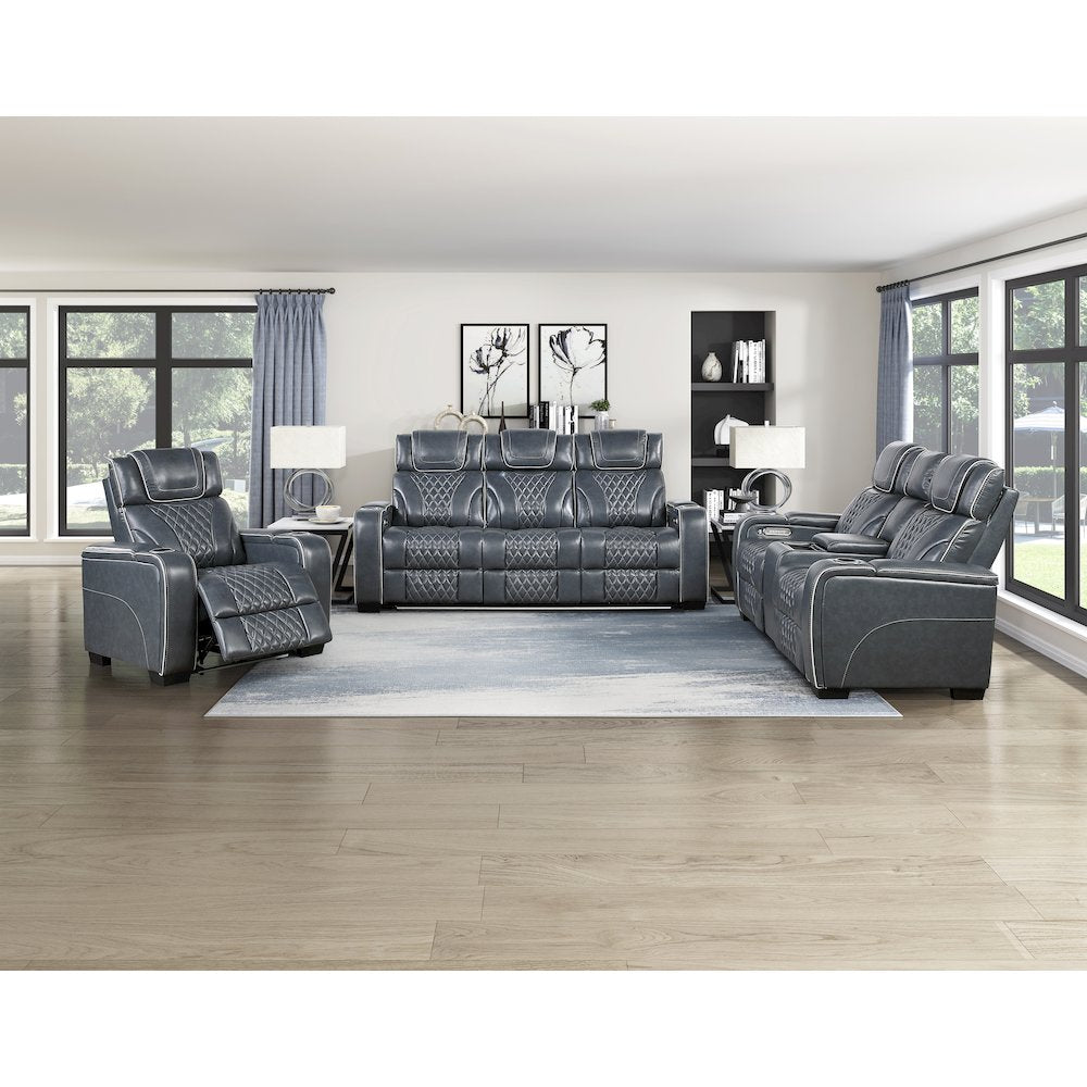 Apex Leather Power Double Reclining Sofa with Power Headrests in Blue