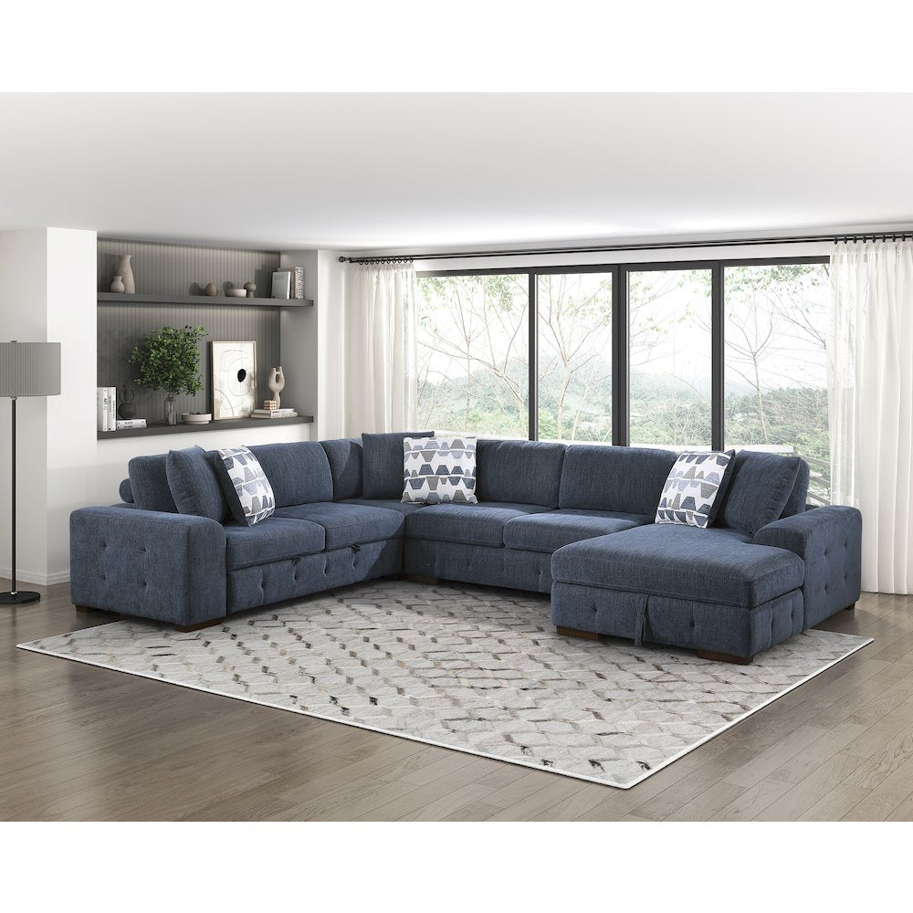 Lexicon Raife Chenille 4-Piece Sectional with Right Chaise in Blue
