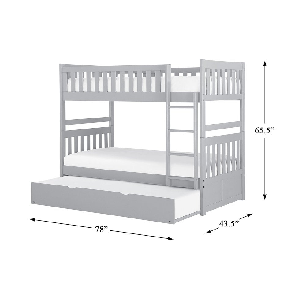 Orion Pine Twin Over Twin Bunk Bed with Trundle Bed in Gray