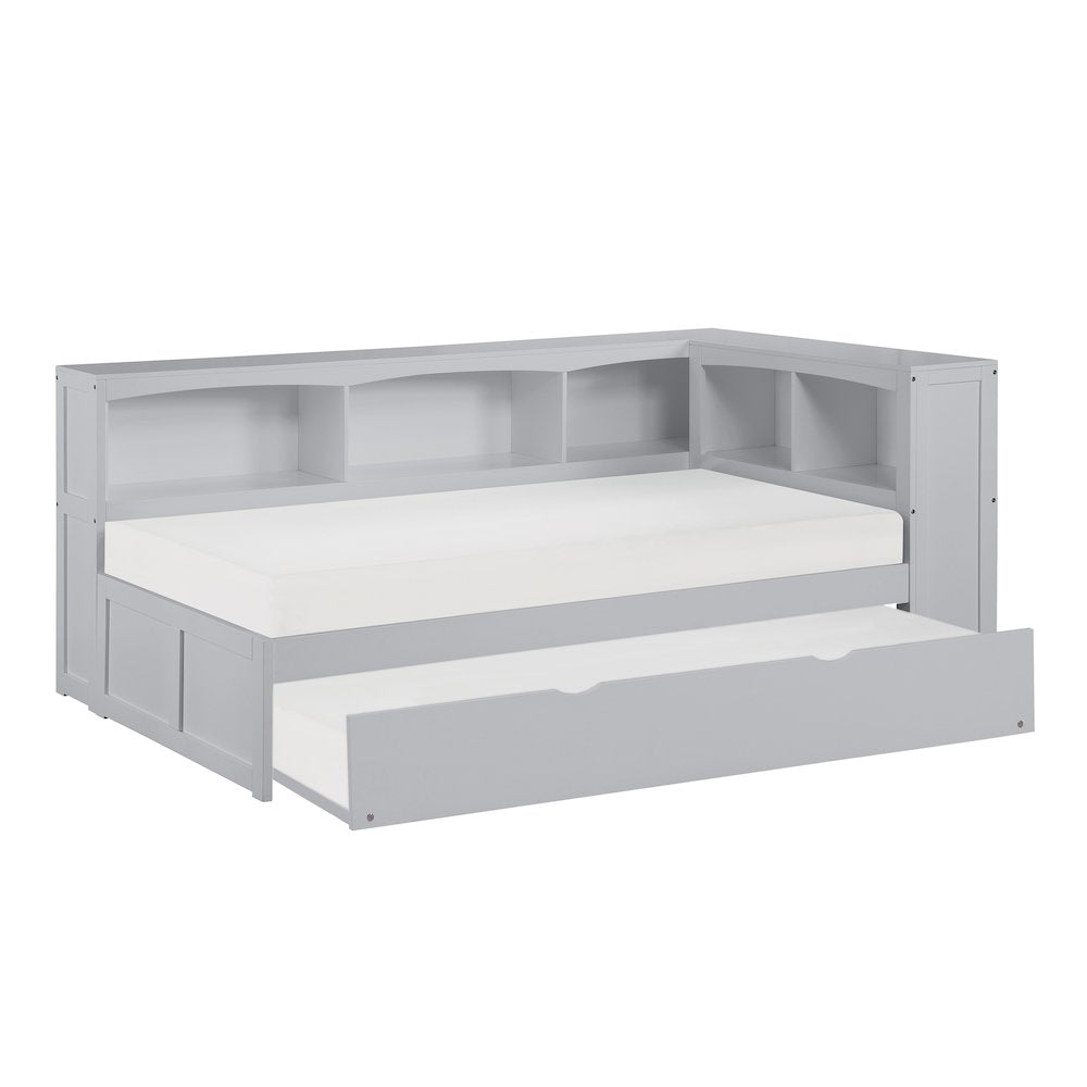 Orion Pine Twin Bookcase Corner Bed with Twin Trundle in Gray