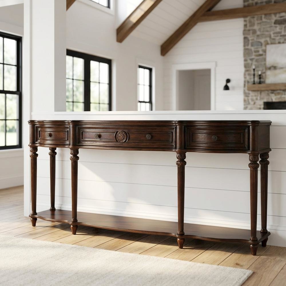 Console Sofa Table with 3 Drawers, Traditional Style for Entryway Room, Cherry