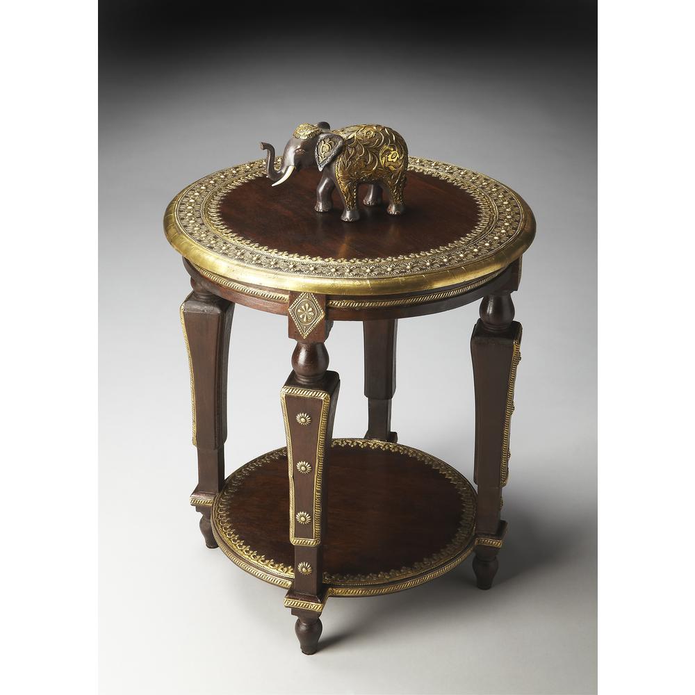 Ranthore Round Brass 20"W Side Table, Dark Brown