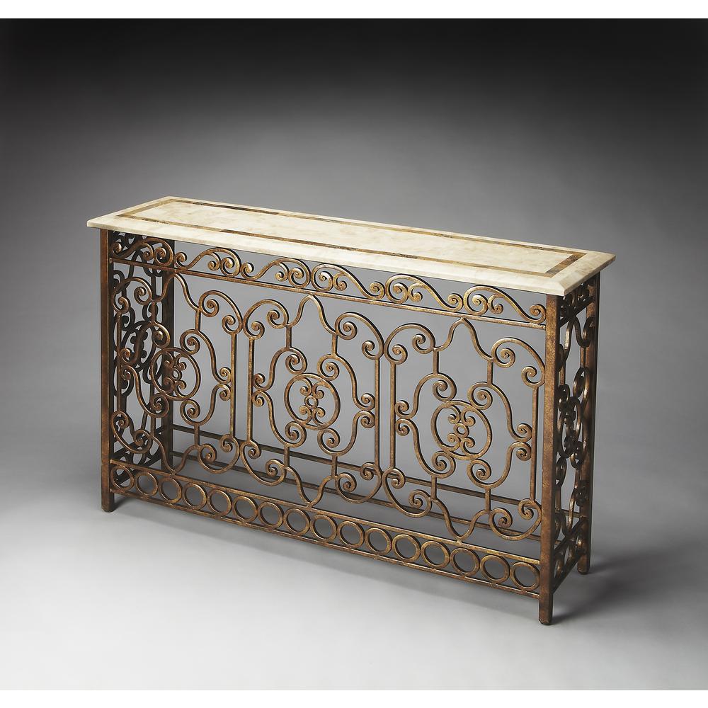 Contessa Iron & Fossil Stone Console Table, Multi-Color