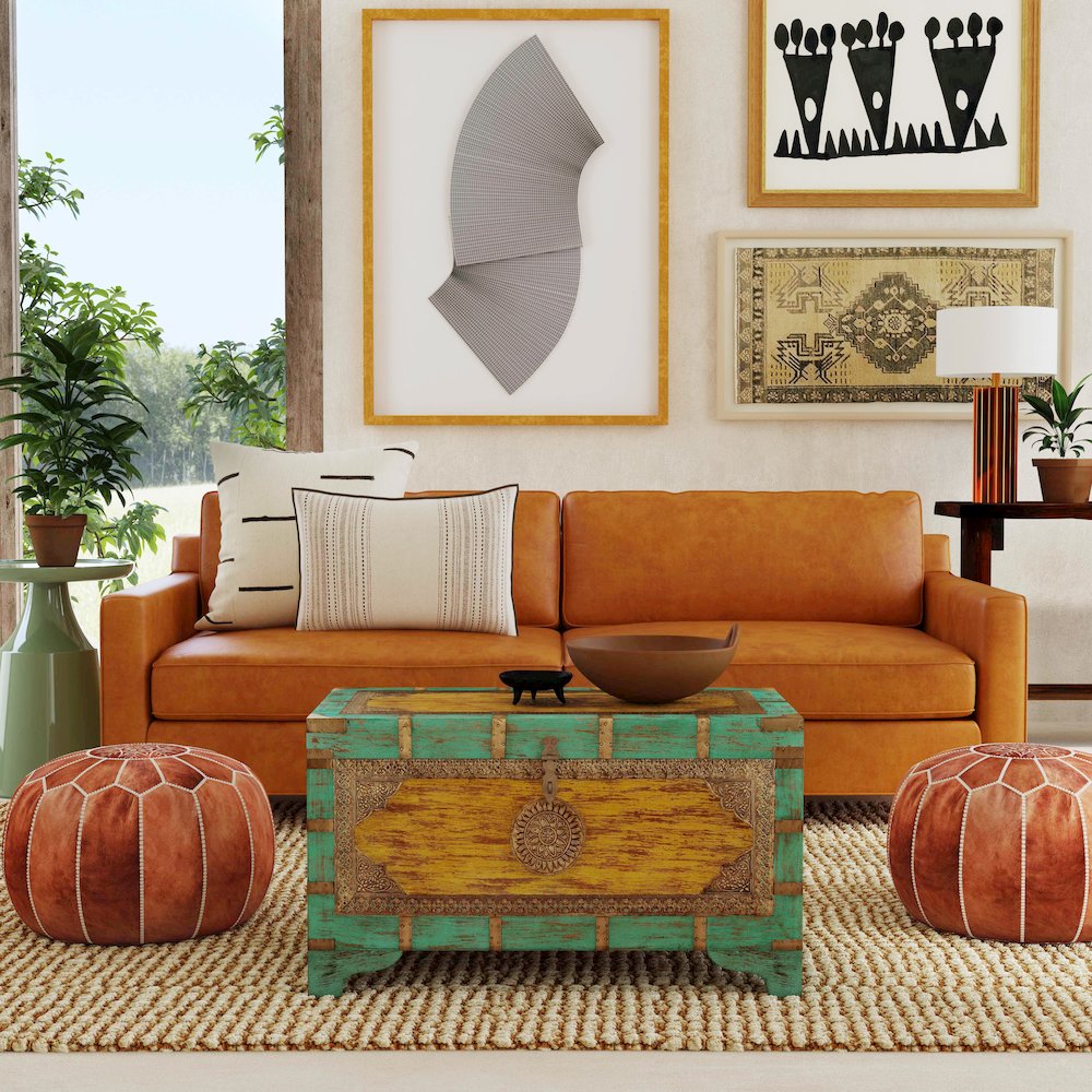 Nador Hand-Painted Brass Inlay Storage Trunk Coffee Table, Blue, Yellow