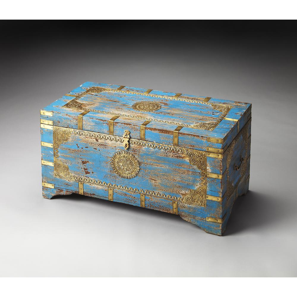 Neela Painted Brass Inlay Storage Trunk, Blue