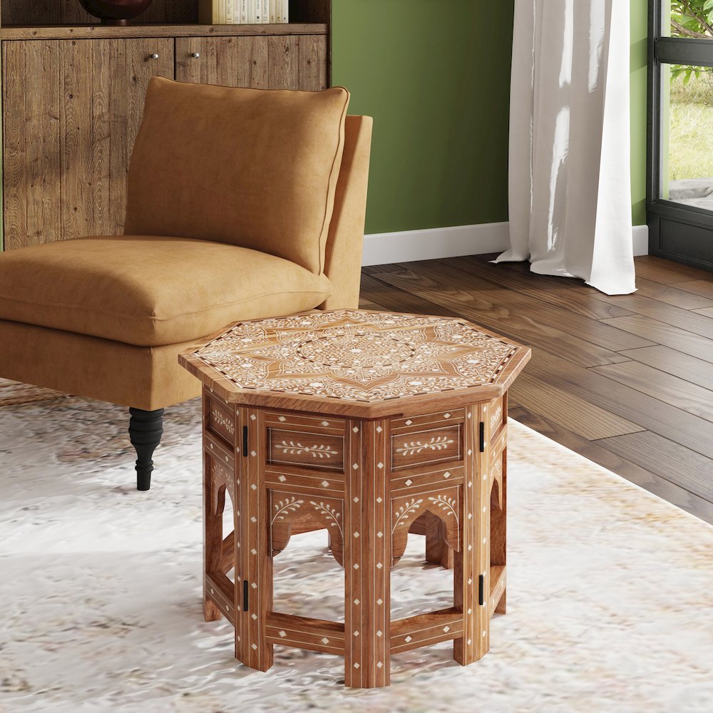 Rashmi Wood & Bone Inlay Side Table, Medium Brown