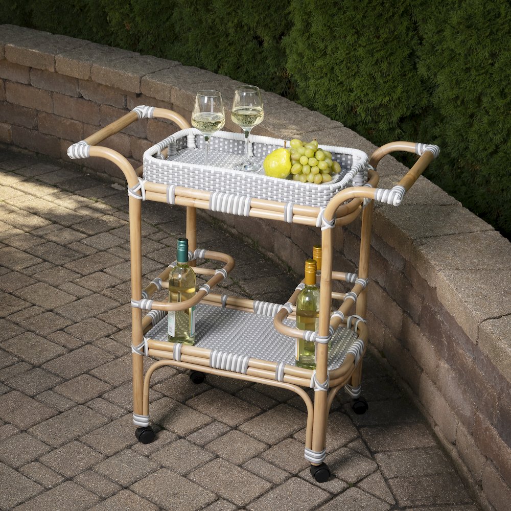 Selena Grey & Rattan Bar Cart, Gray and White, Natural