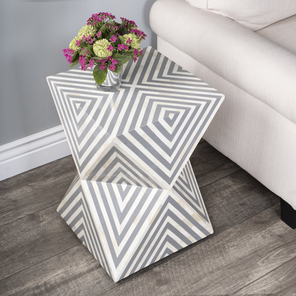 Anais and Grey Bone Inlay Side Table, Gray and White