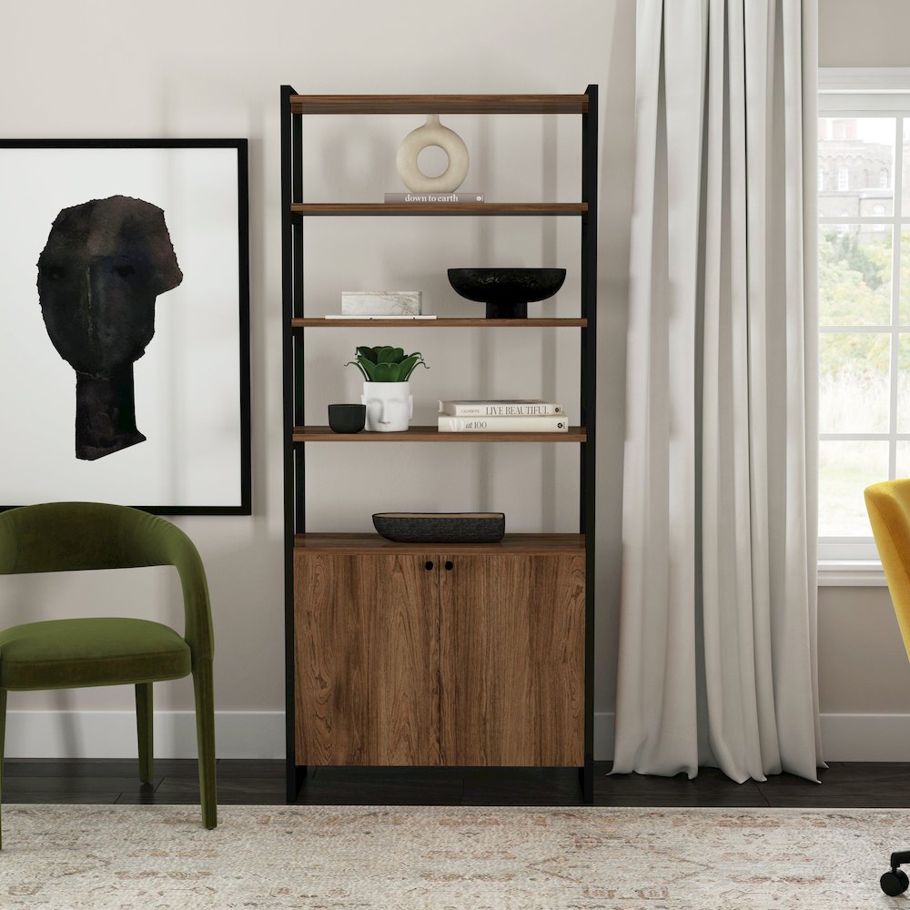 Drake 73" Two Door Walnut Bookcase Etagere, Medium Brown