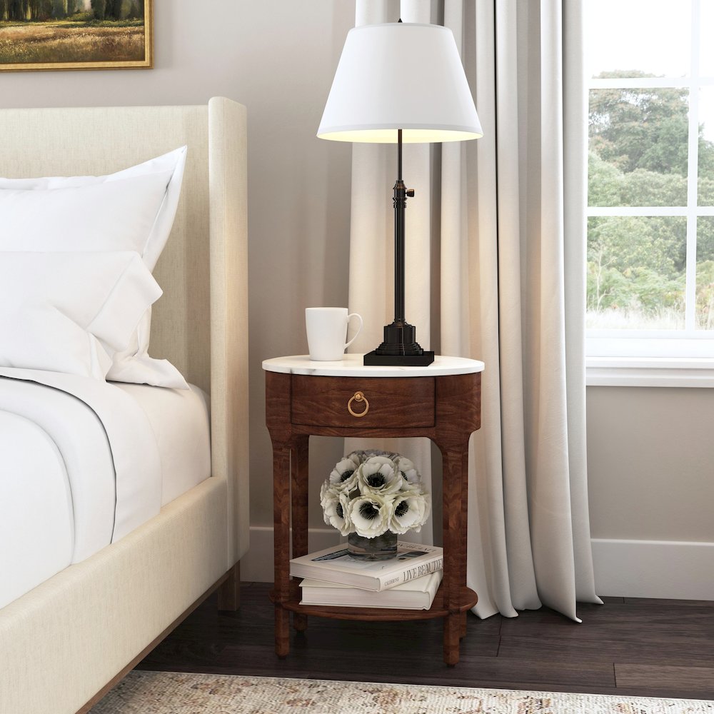 Ellen 18.25 in. W Oval Marble and Wood 1 Drawer Nightstand, Medium Brown