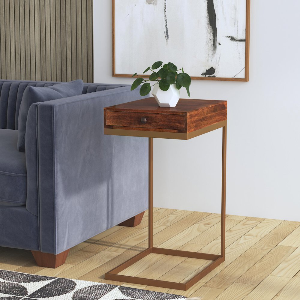 Alec 1 Drawer C Shaped End Table, Medium Brown