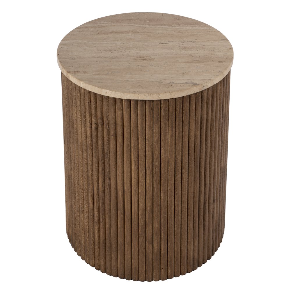 Ruby 15 in. W Round Fluted Travertine and Wood Side Table, Brown